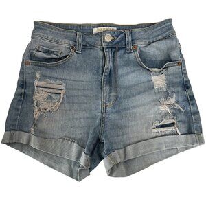 Wax Jean Women's Short Shorts Distressed Cuffed Size Medium Blue Denim Stretch